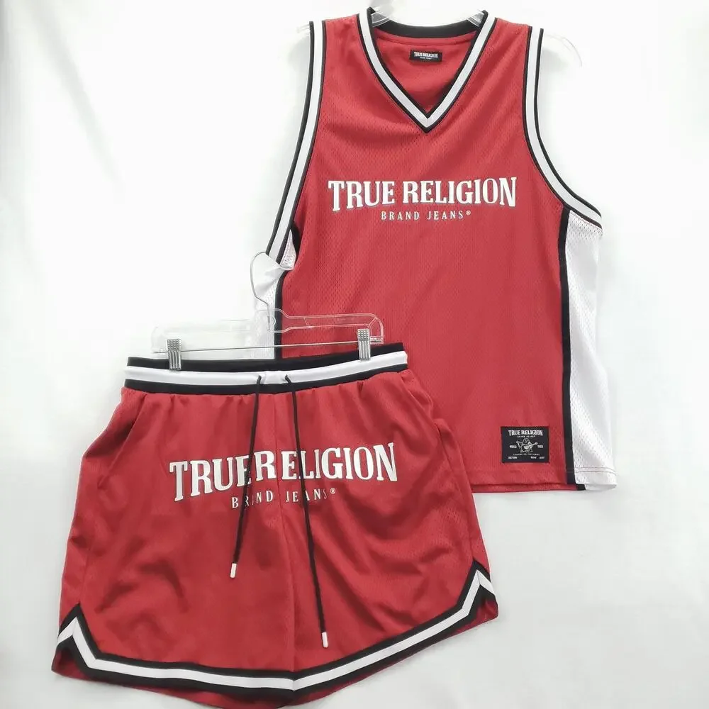True Religion Jersey Shorts Set Mens Medium Red Arch Logo Mesh Basketball Brand